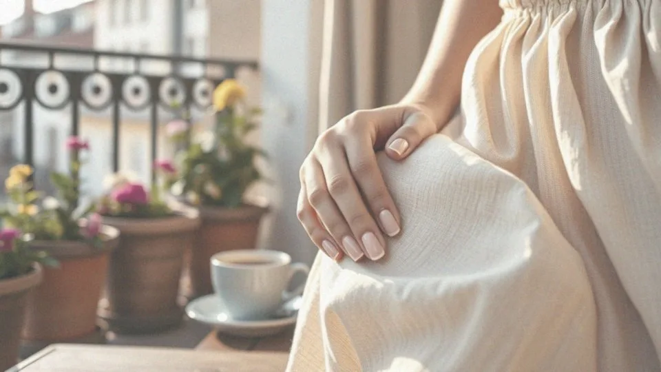 Jak różowe paznokcie dodają szyku beżowej sukience?